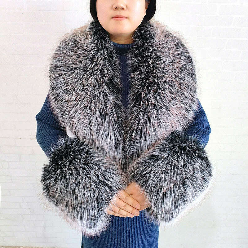 Winter Faux Fur Collar Cuffs Set Women Fluffy Large Shawl Coat Accessories Warm Fashion Fake Fox Fur Scarf Furry Scarves Female