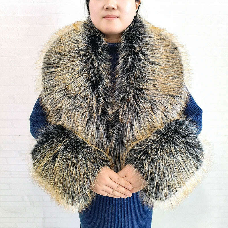 Winter Faux Fur Collar Cuffs Set Women Fluffy Large Shawl Coat Accessories Warm Fashion Fake Fox Fur Scarf Furry Scarves Female