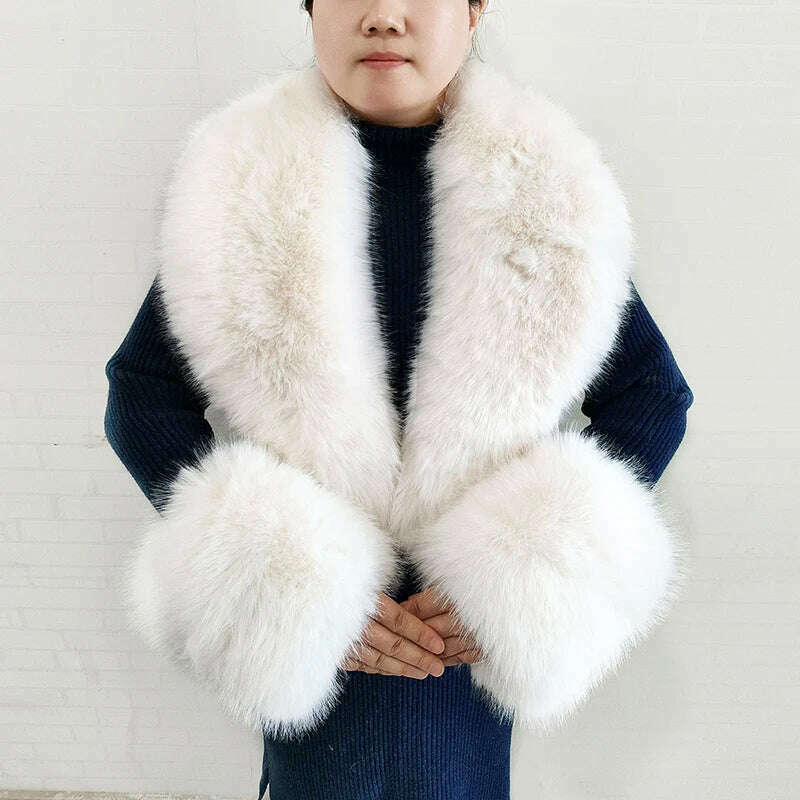 Winter Faux Fur Collar Cuffs Set Women Fluffy Large Shawl Coat Accessories Warm Fashion Fake Fox Fur Scarf Furry Scarves Female