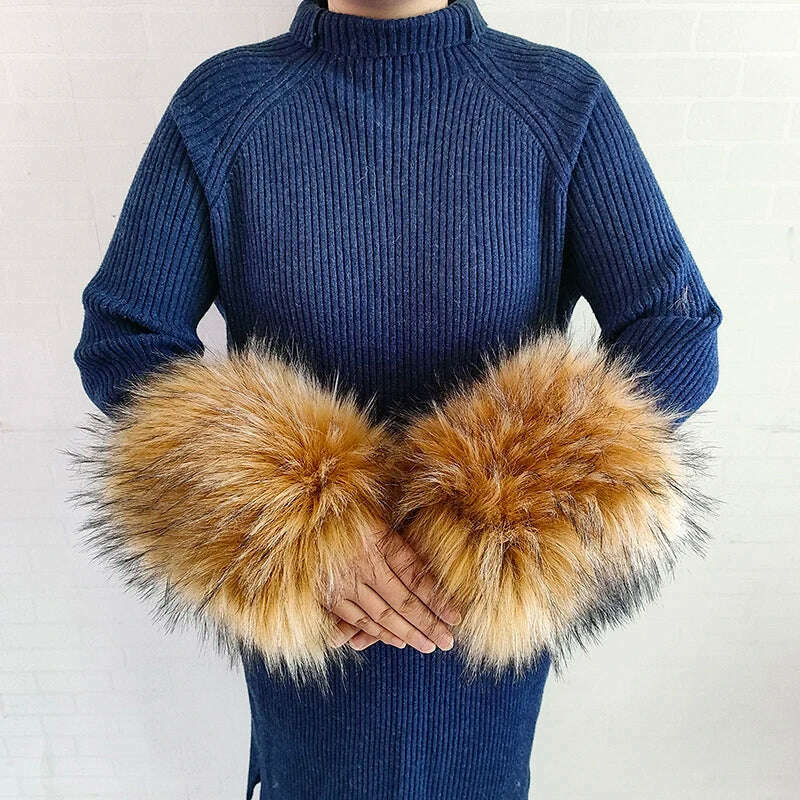 Winter Faux Fur Collar Cuffs Set Women Fluffy Large Shawl Coat Accessories Warm Fashion Fake Fox Fur Scarf Furry Scarves Female