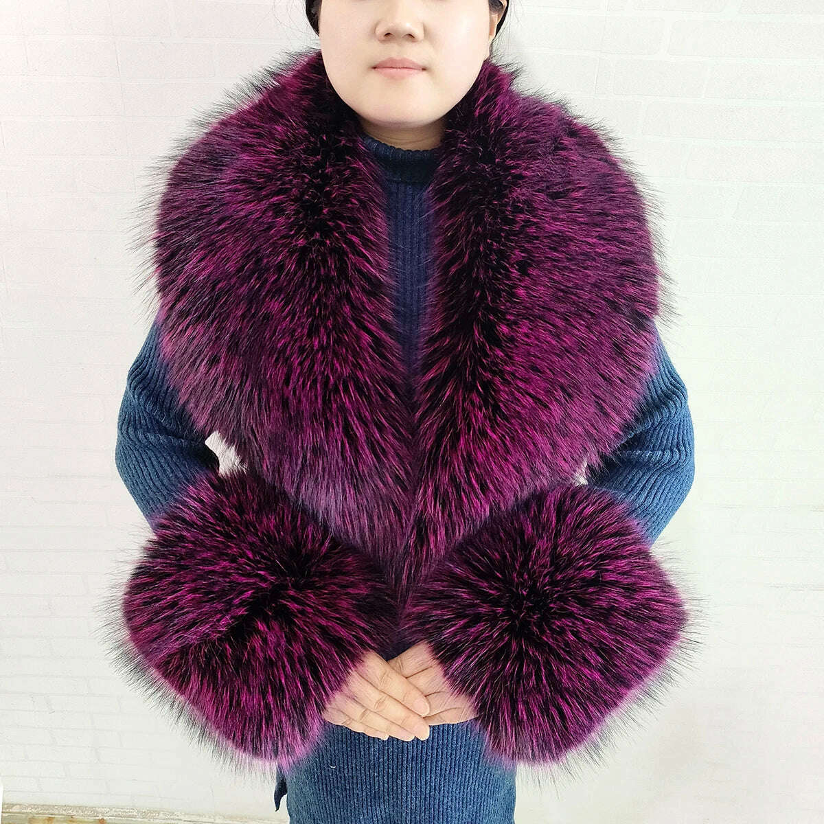 Winter Faux Fur Collar Cuffs Set Women Fluffy Large Shawl Coat Accessories Warm Fashion Fake Fox Fur Scarf Furry Scarves Female