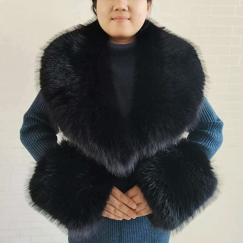 Winter Faux Fur Collar Cuffs Set Women Fluffy Large Shawl Coat Accessories Warm Fashion Fake Fox Fur Scarf Furry Scarves Female