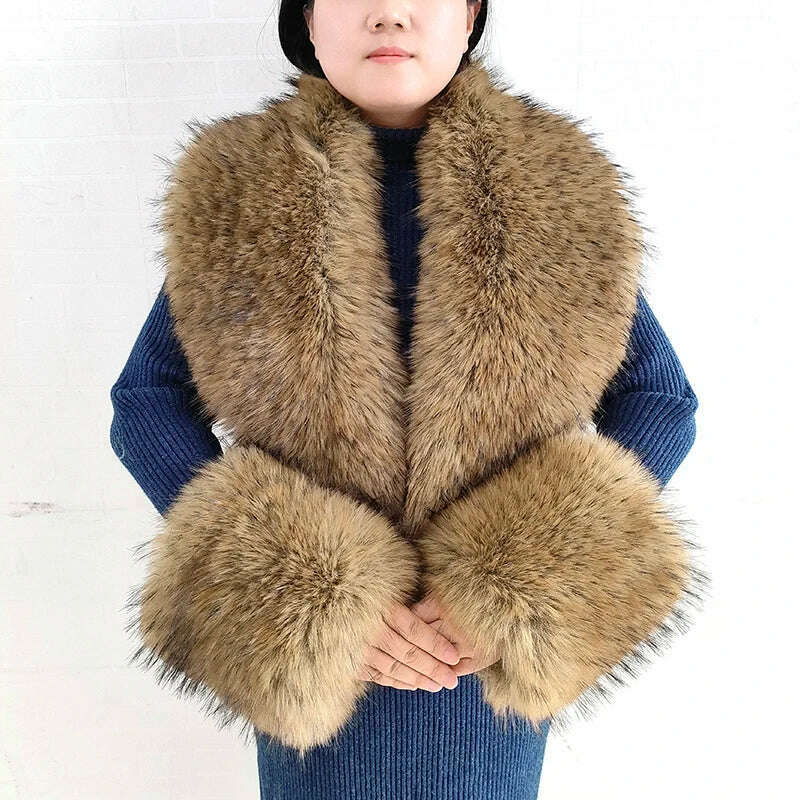 Winter Faux Fur Collar Cuffs Set Women Fluffy Large Shawl Coat Accessories Warm Fashion Fake Fox Fur Scarf Furry Scarves Female
