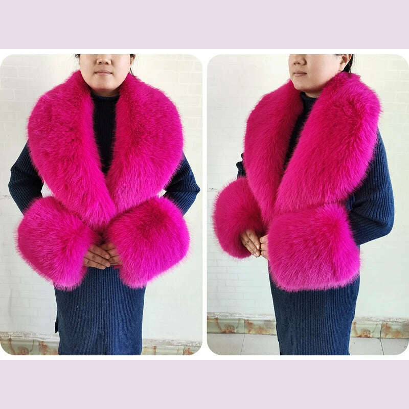 Winter Faux Fur Collar Cuffs Set Women Fluffy Large Shawl Coat Accessories Warm Fashion Fake Fox Fur Scarf Furry Scarves Female
