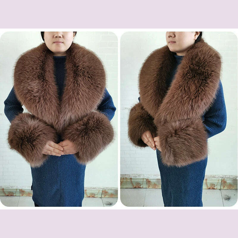 Winter Faux Fur Collar Cuffs Set Women Fluffy Large Shawl Coat Accessories Warm Fashion Fake Fox Fur Scarf Furry Scarves Female