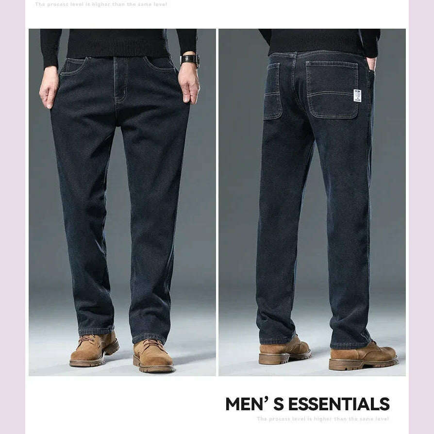 Winter Korean Fashion Brushed Jeans for Men's Thickened Warm Elastic Slim Comfortable Straight Fleece Denim Trousers
