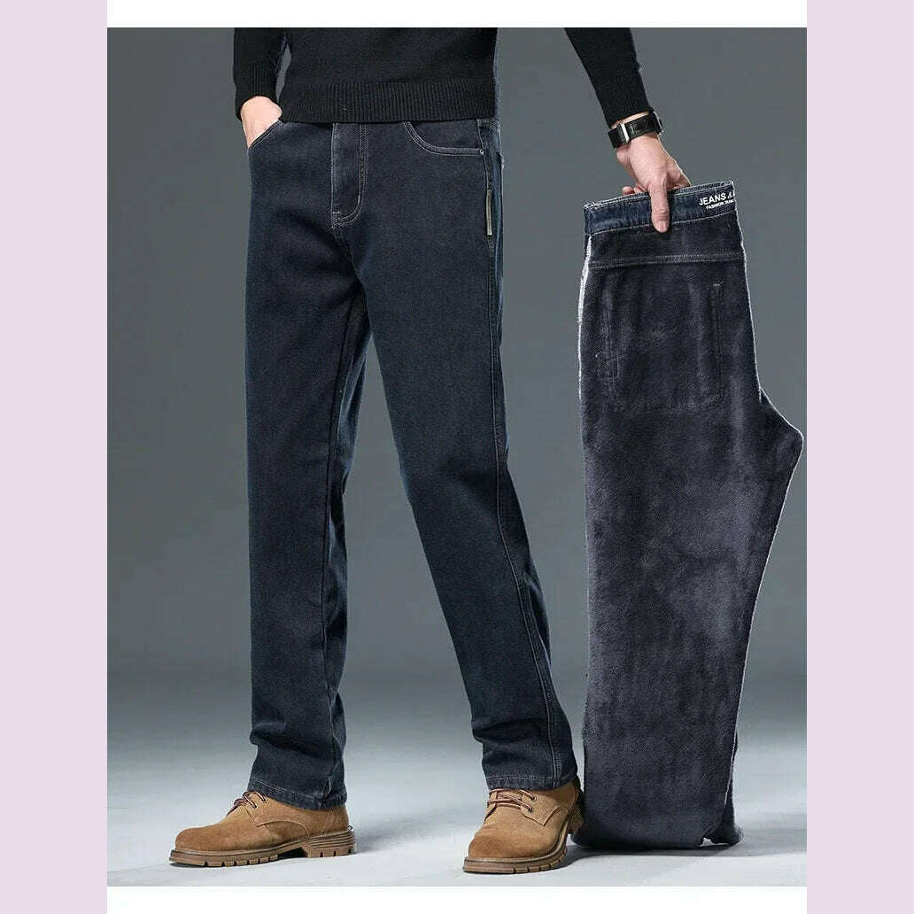 Winter Korean Fashion Brushed Jeans for Men's Thickened Warm Elastic Slim Comfortable Straight Fleece Denim Trousers