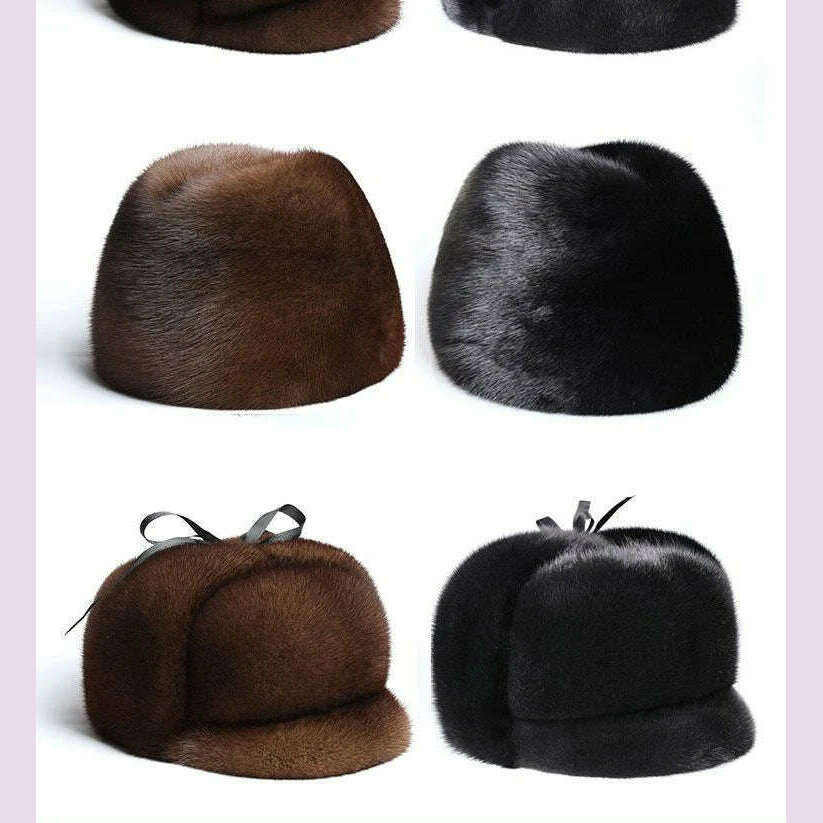 Winter Thickened Genuine Mink Fur Bomber Hat For Man Black/Brown Tag Elderly Ear Warm Chapeau Motorcycle Russian Style Mink Caps