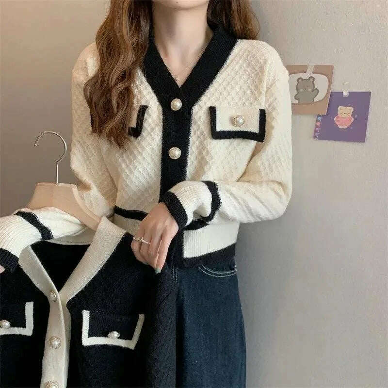 woman sweater cardigan autumn/winter knitting V-neck long lantern sleeve color splicing woman's clothing dropshipping AYX588