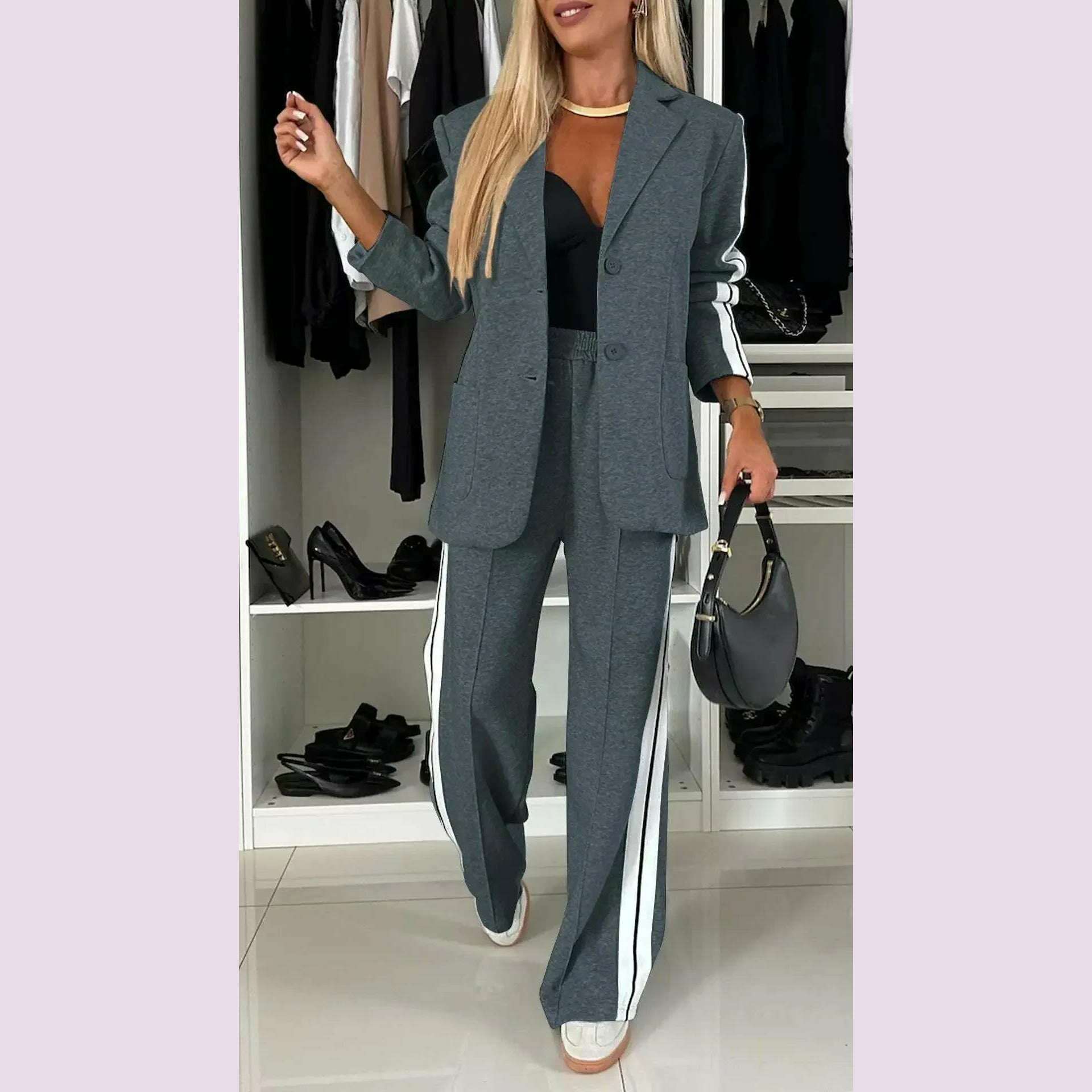 Women 2pcs Clothes Set Stripes Printed Long Sleeve Blazer Jacket & High Waist Long Pants Office Lady