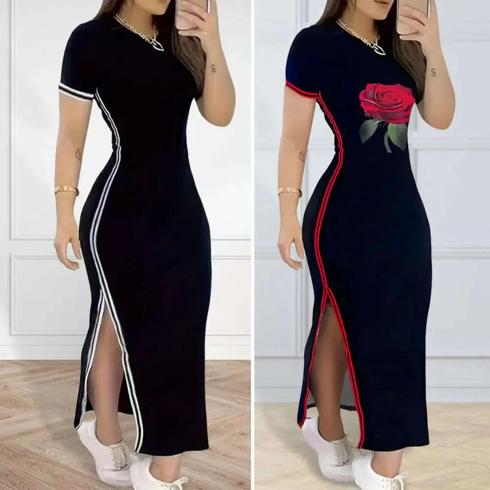 Women Dress Side Slit Slim Fit Short Sleeves Dress Ankle Length Daily Wear Leisure Maxi Dress