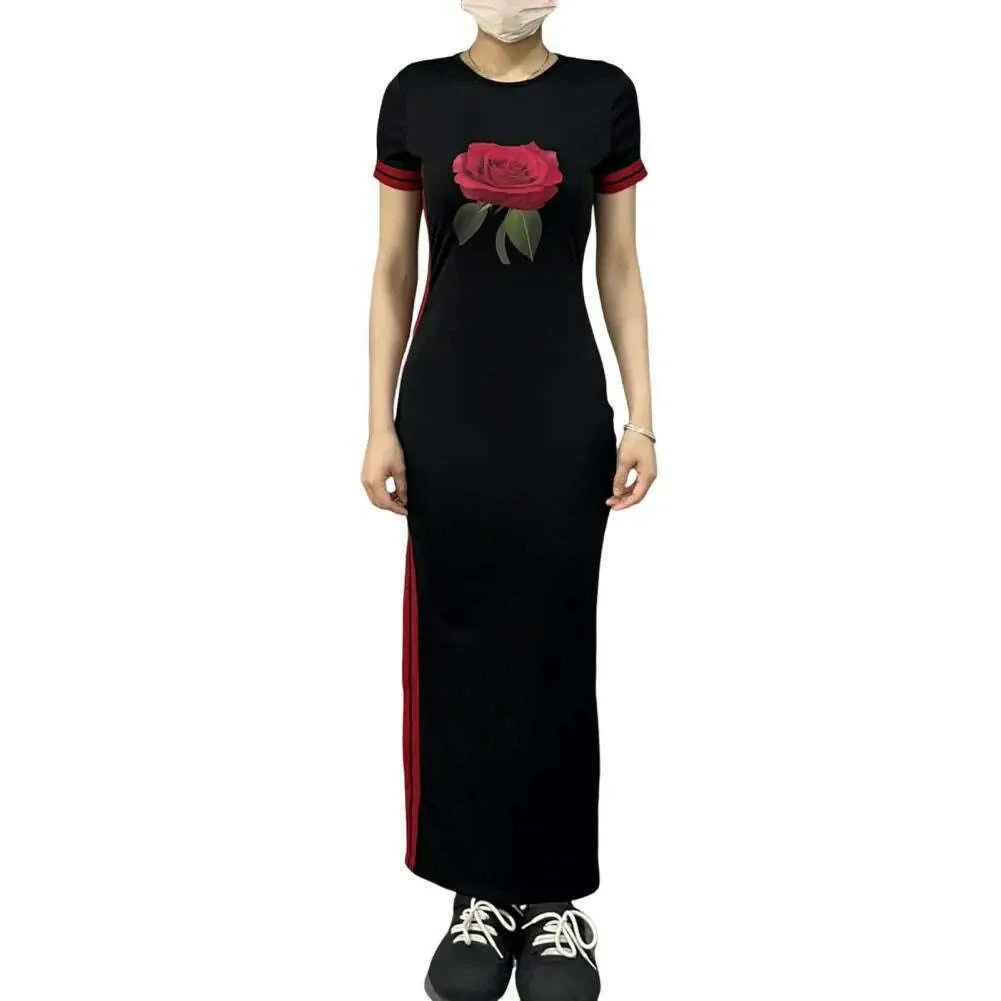 Women Dress Side Slit Slim Fit Short Sleeves Dress Ankle Length Daily Wear Leisure Maxi Dress