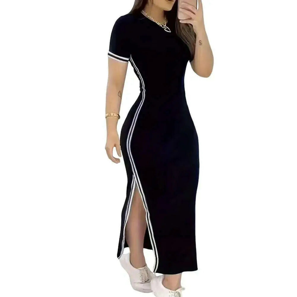 Women Dress Side Slit Slim Fit Short Sleeves Dress Ankle Length Daily Wear Leisure Maxi Dress