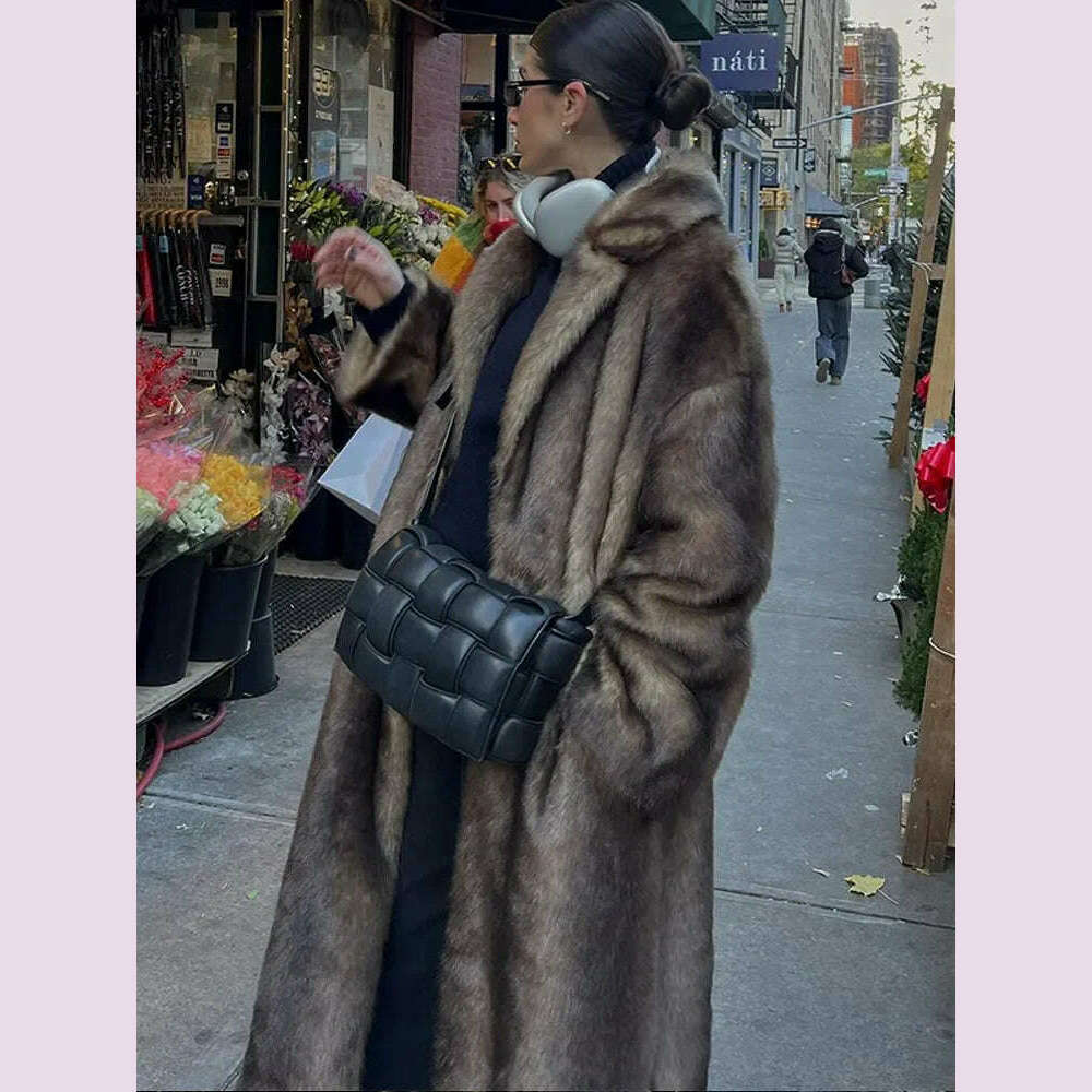 Women Fashion Lapel Gradient Mixed Fur Jacket Chic Long Sleeve Pocket Warm Maxi Coat 2024 Autumn Winter Lady Highstreet Outwear