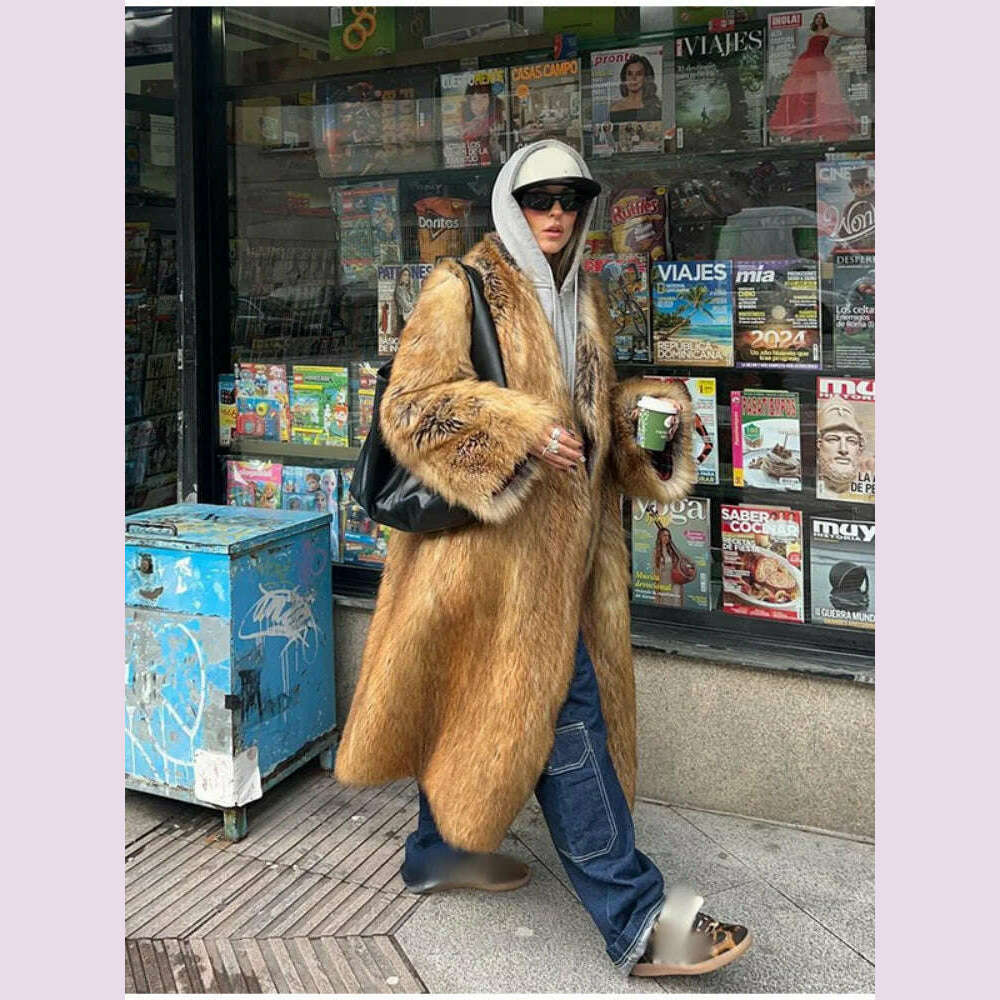 Women Fashion Lapel Gradient Mixed Fur Jacket Chic Long Sleeve Pocket Warm Maxi Coat 2024 Autumn Winter Lady Highstreet Outwear