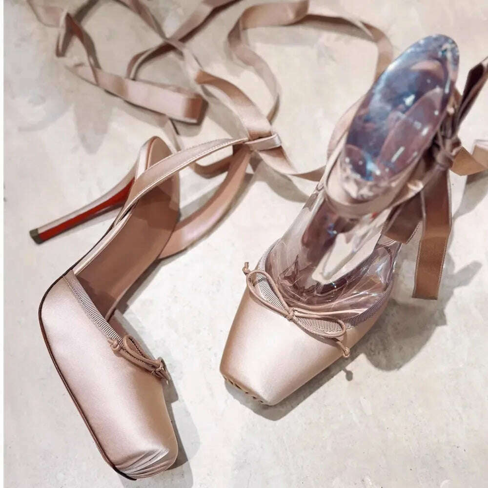 Women Lace-Up High Heeled Shoes for Woman's Square Toe Thin Heels Platform Pumps Mujer Pleated Slingback Wedding Luxury Sandals