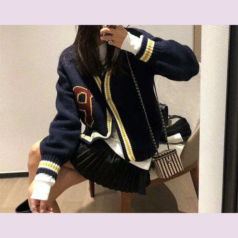 Women Letter Printed Cardigan Sweater Coat Button Casual Loose Long Sleeve Sweater Coat Women Thicken Fall Winter Warm Knit Coat