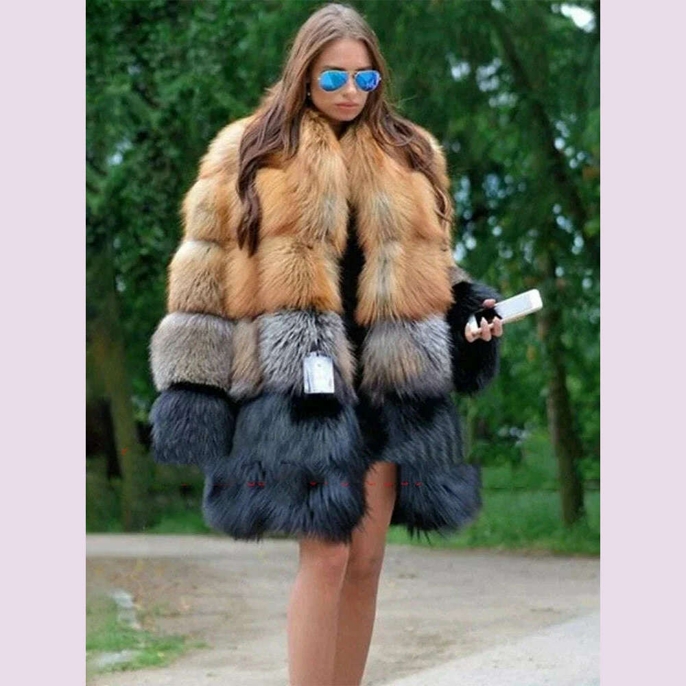 Women Long Faux Fur Coat Winter Fashion Large Size Thick Warm Fur Jacket Yellow and Black Contrast Stitching Cardigan Cloth