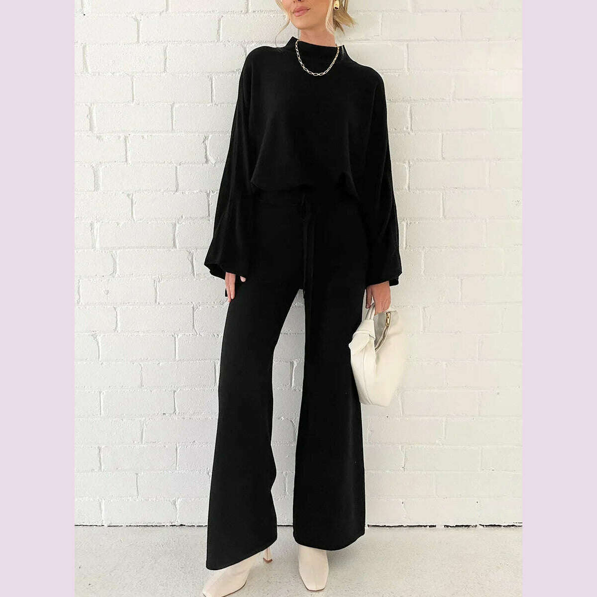 Women Pants Suit Elegant Long Sleeve Semi-high Collar Sweater with Wide Leg Pants Fall Outfit