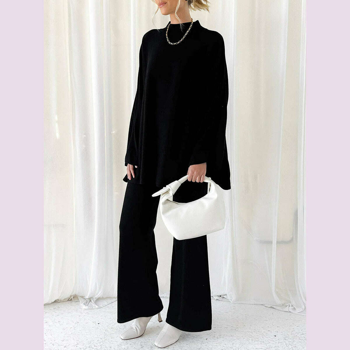Women Pants Suit Elegant Long Sleeve Semi-high Collar Sweater with Wide Leg Pants Fall Outfit