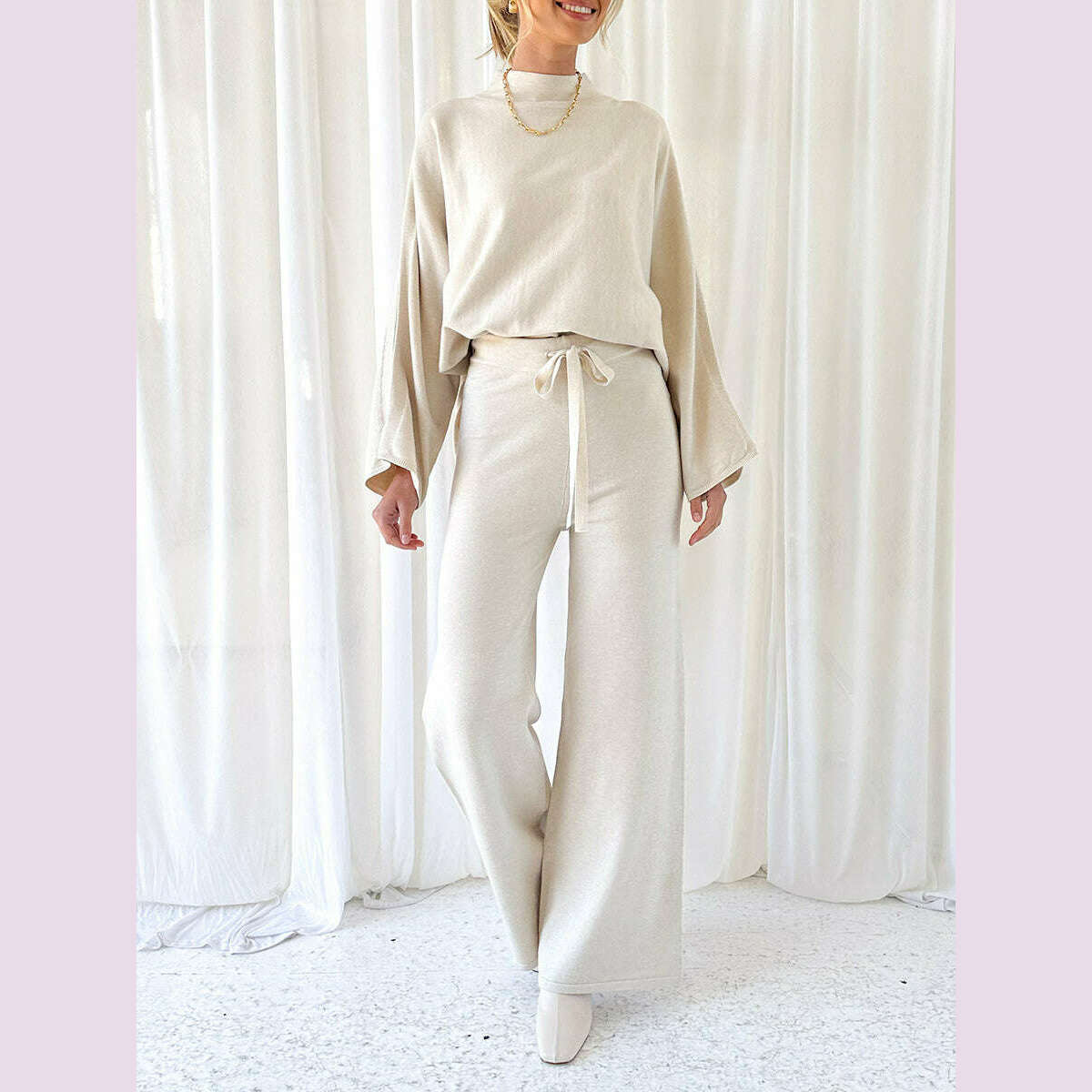Women Pants Suit Elegant Long Sleeve Semi-high Collar Sweater with Wide Leg Pants Fall Outfit