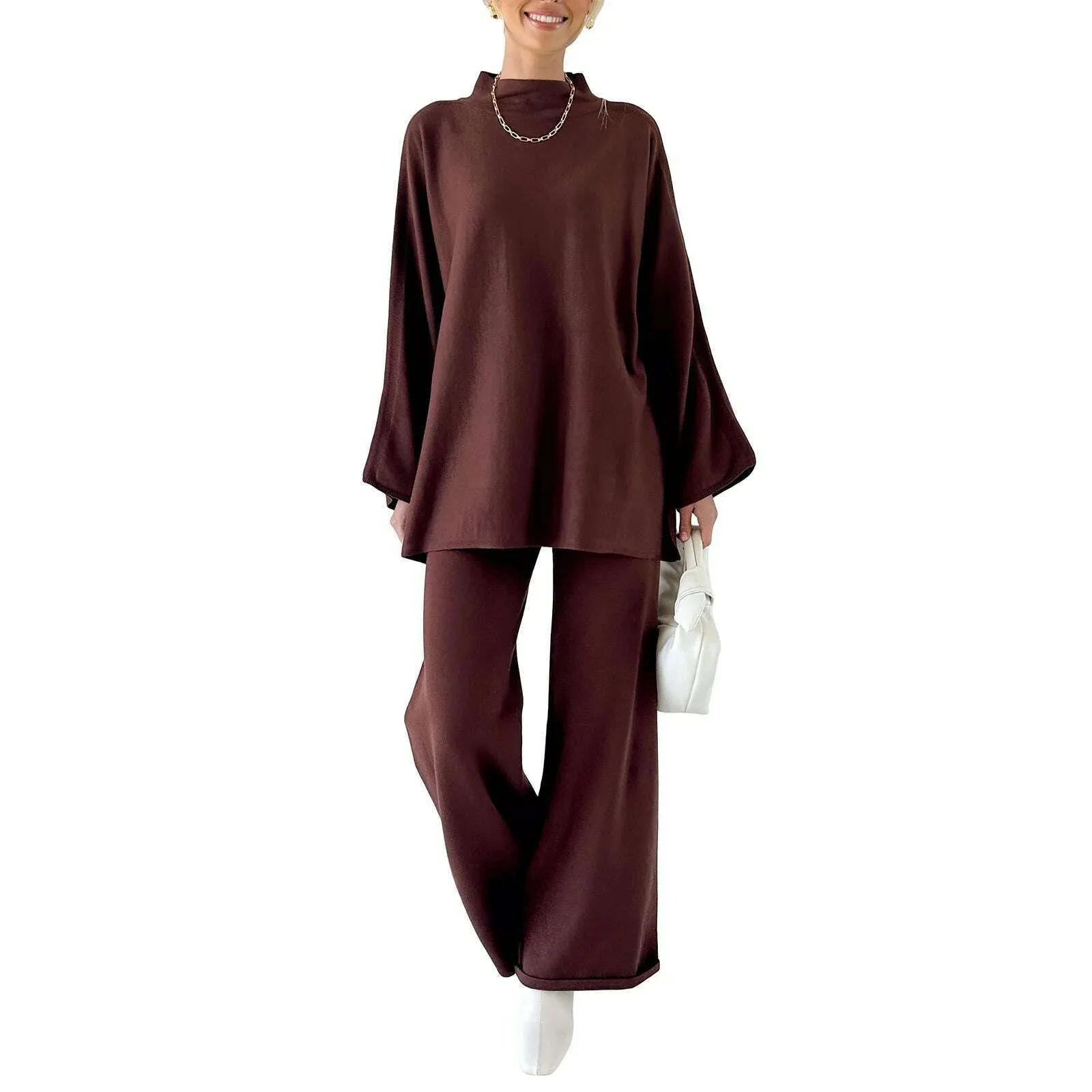 Women Pants Suit Elegant Long Sleeve Semi-high Collar Sweater with Wide Leg Pants Fall Outfit