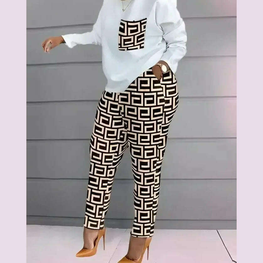 Women Print Two Piece Pant Sets Full Sleeve T Shirts Round Neck Splice Shirt High Waist Trousers Suits Autumn Office Lady