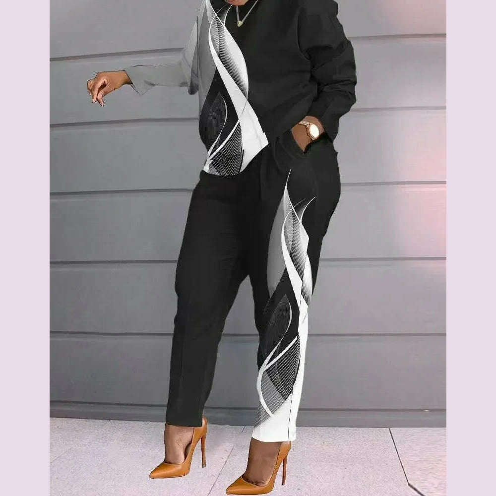 Women Print Two Piece Pant Sets Full Sleeve T Shirts Round Neck Splice Shirt High Waist Trousers Suits Autumn Office Lady
