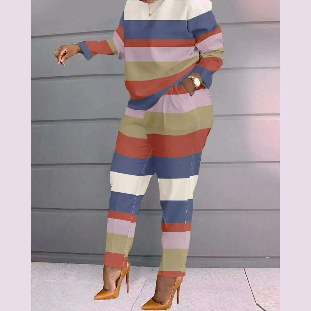 Women Print Two Piece Pant Sets Full Sleeve T Shirts Round Neck Splice Shirt High Waist Trousers Suits Autumn Office Lady