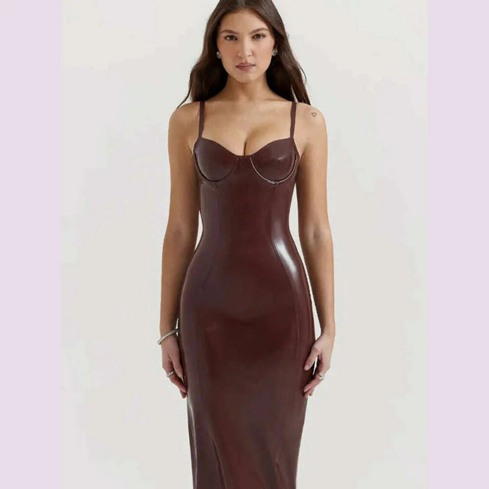Women Sexy Blackless Slim Sling Leather Dress Fashion Sleeveless Zipper Split Fold Long Dresses 2024 Lady New Evening Party Robe