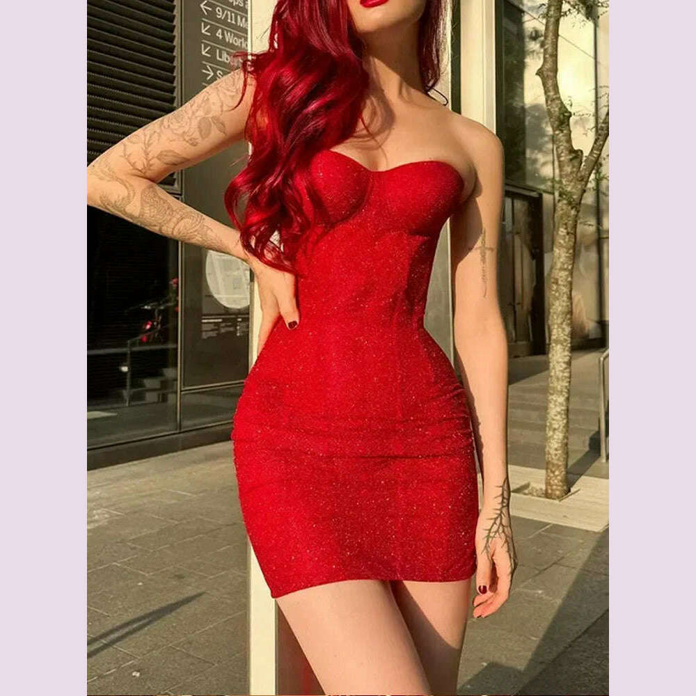 Women Sexy Glitter Back Lace Up Red Strapless Mini Dress Fashion Sleeveless Retract Waist A-line Dresses Lady Party Short Robes