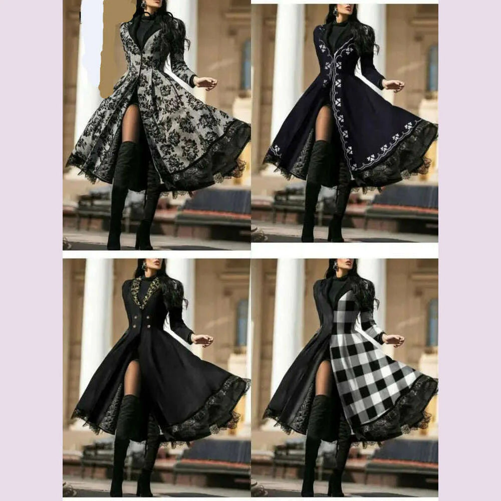 Women Vintage Party Trench Long Sleeve Autumn Splicing Lace Button Coat Female Casual Big Swing Fashion Long Jackets