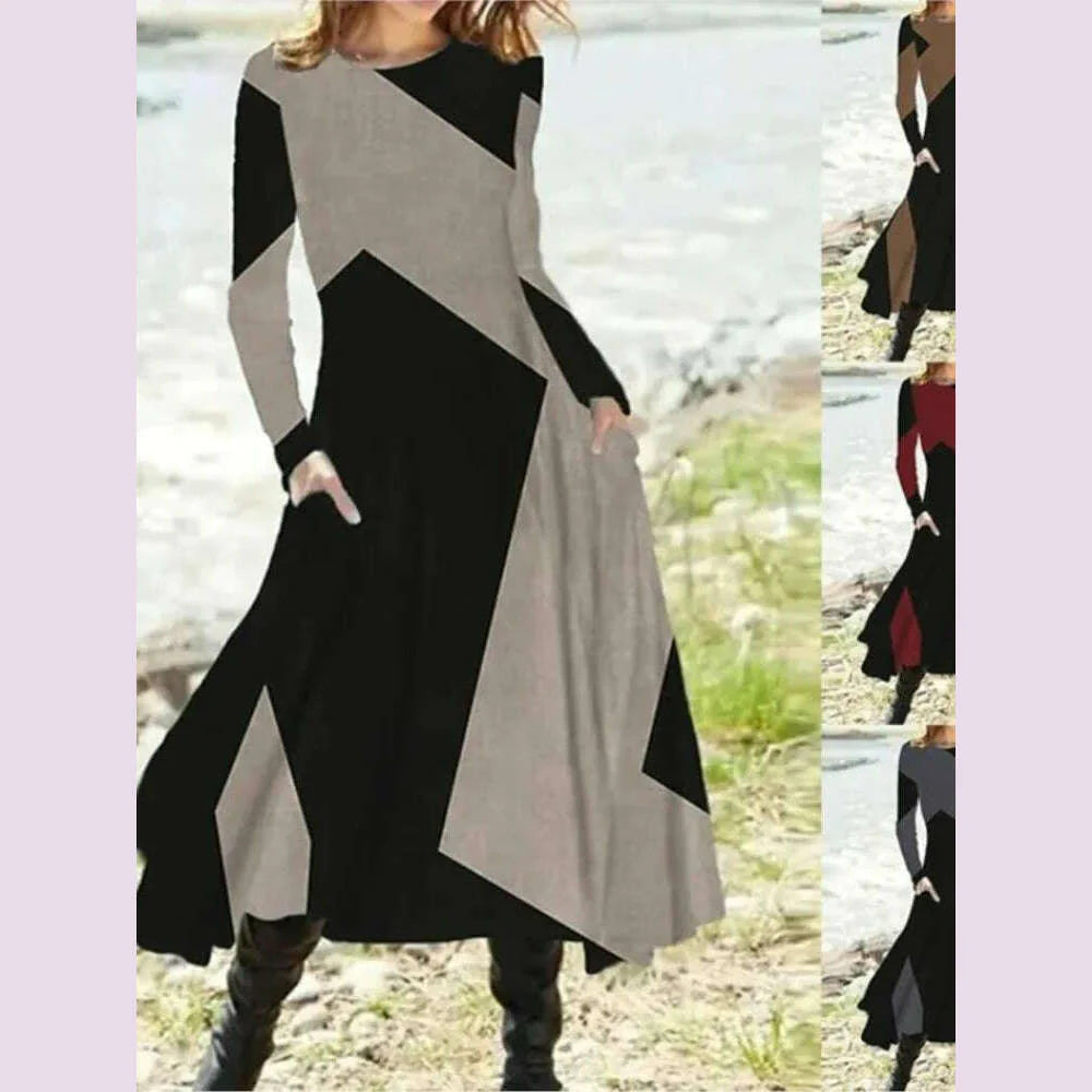 Women's Autumn Winter New Casual Retro Style Fashionable Geometric Print Long Sleeved Round Neck Oversized Swing Long Skirt