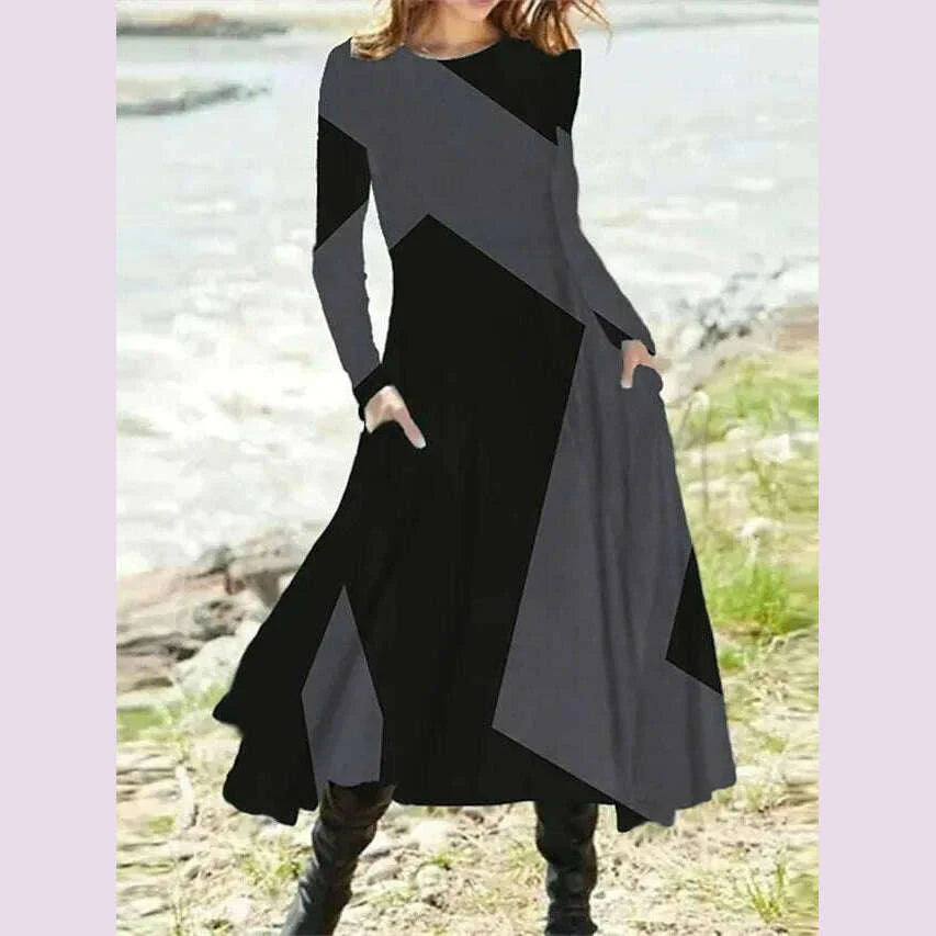 Women's Autumn Winter New Casual Retro Style Fashionable Geometric Print Long Sleeved Round Neck Oversized Swing Long Skirt