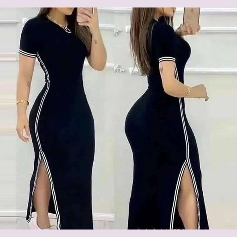 Womens Dresses 2024 Summer Fashion Striped Rose Print Side Slit Casual O-Neck Short Sleeve Skinny Daily A Line Long Dress