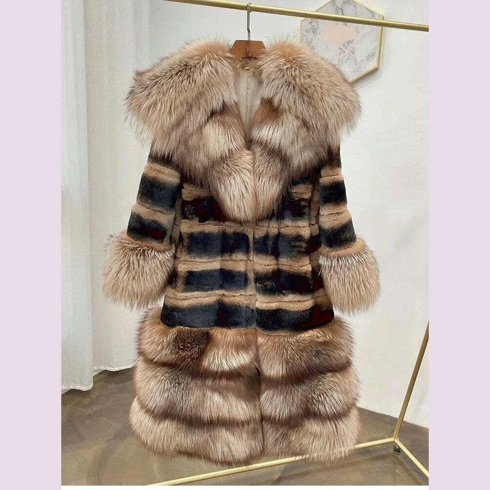 Womens Luxury Real Rex Rabbit Fur Coat Fashion Genuine Fox Fur Thick Collar Overcoat Female Winter Natural Fur Warm Outwear