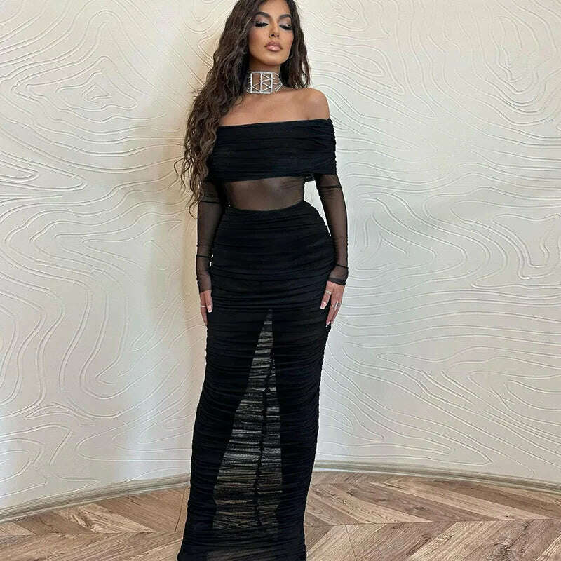 Women's Mesh See Through Mini Bodycon Dress, Black, Monochromatic, Long Sleeve, Party Club Clothing, Spring