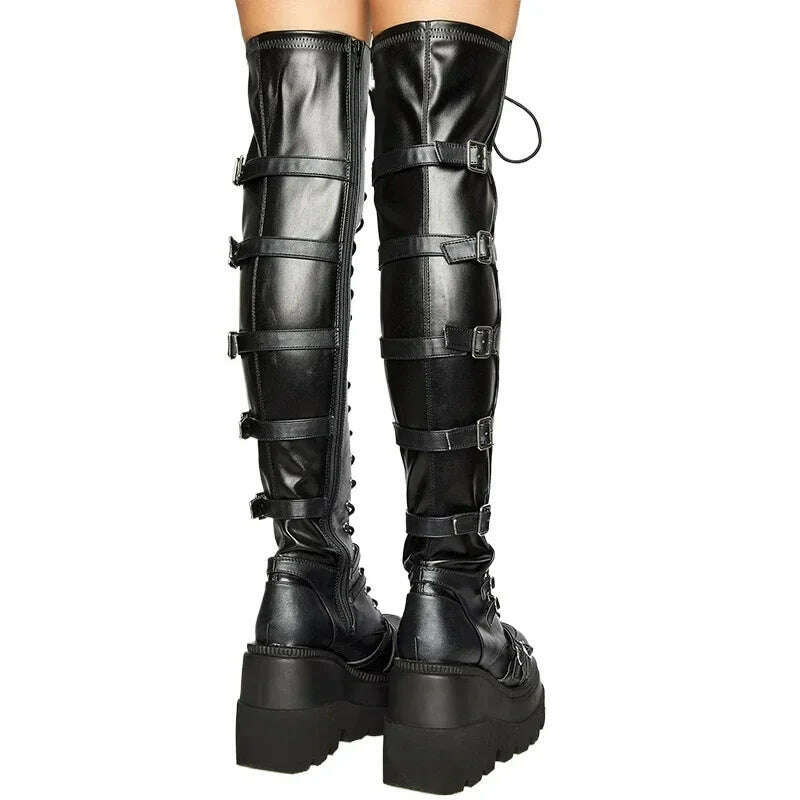 Women's Punk Over-the-Knee Boots: Platform Heels with Belt Buckle, Thigh High Goth Motorcycle Flat Boots in Plus Sizes