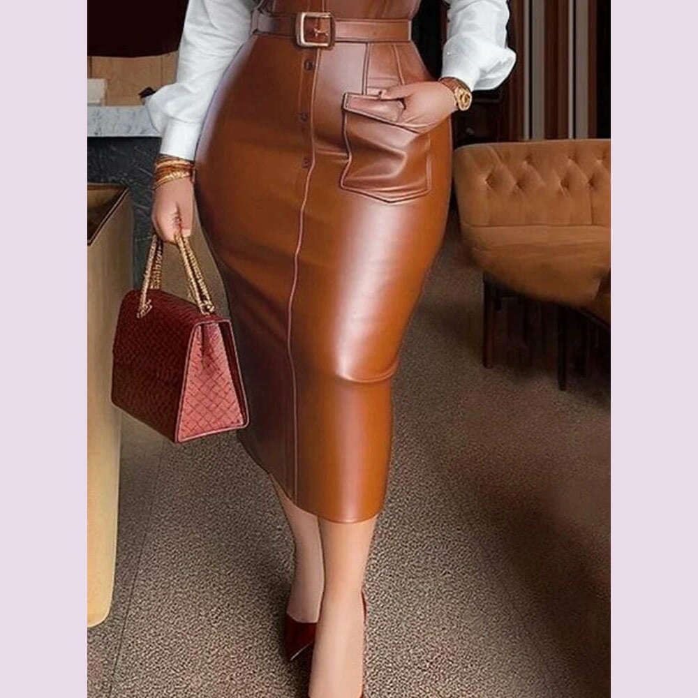 Womens Shirt Collar Dresses New Autumn Buttons Long Sleeve PU Leather Patchwork Pocket Skinny Belted Lapel Female Midi Dress