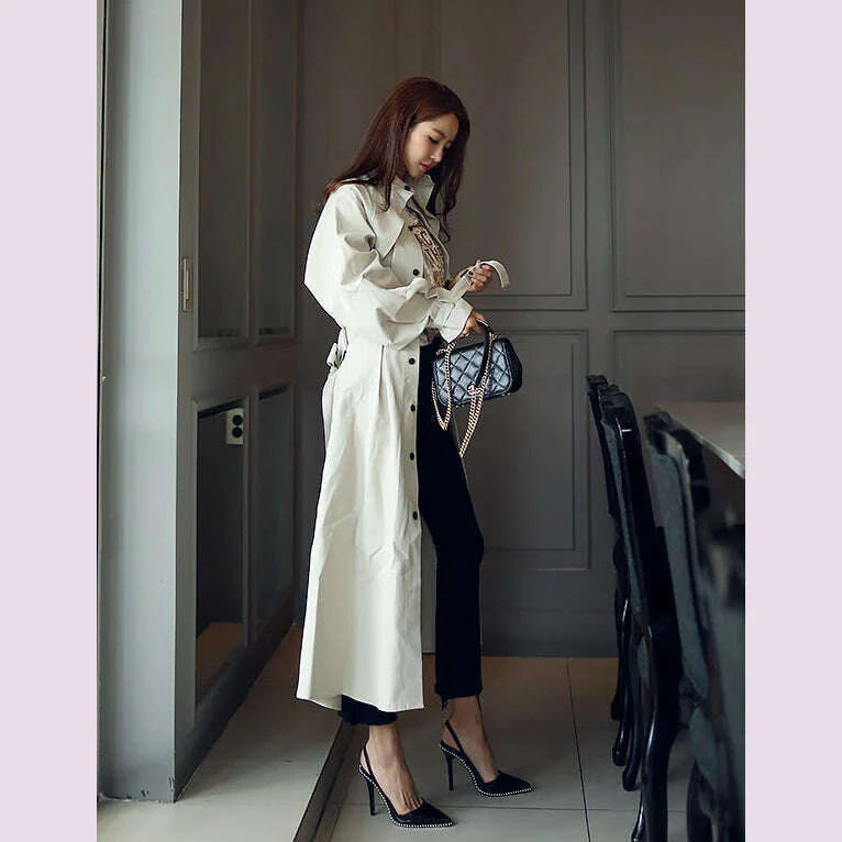Women's Trench Coat with Sashes, Long Sleeve, Elegant, Whole Colored, Work Wear, Spring, Autumn, SL102