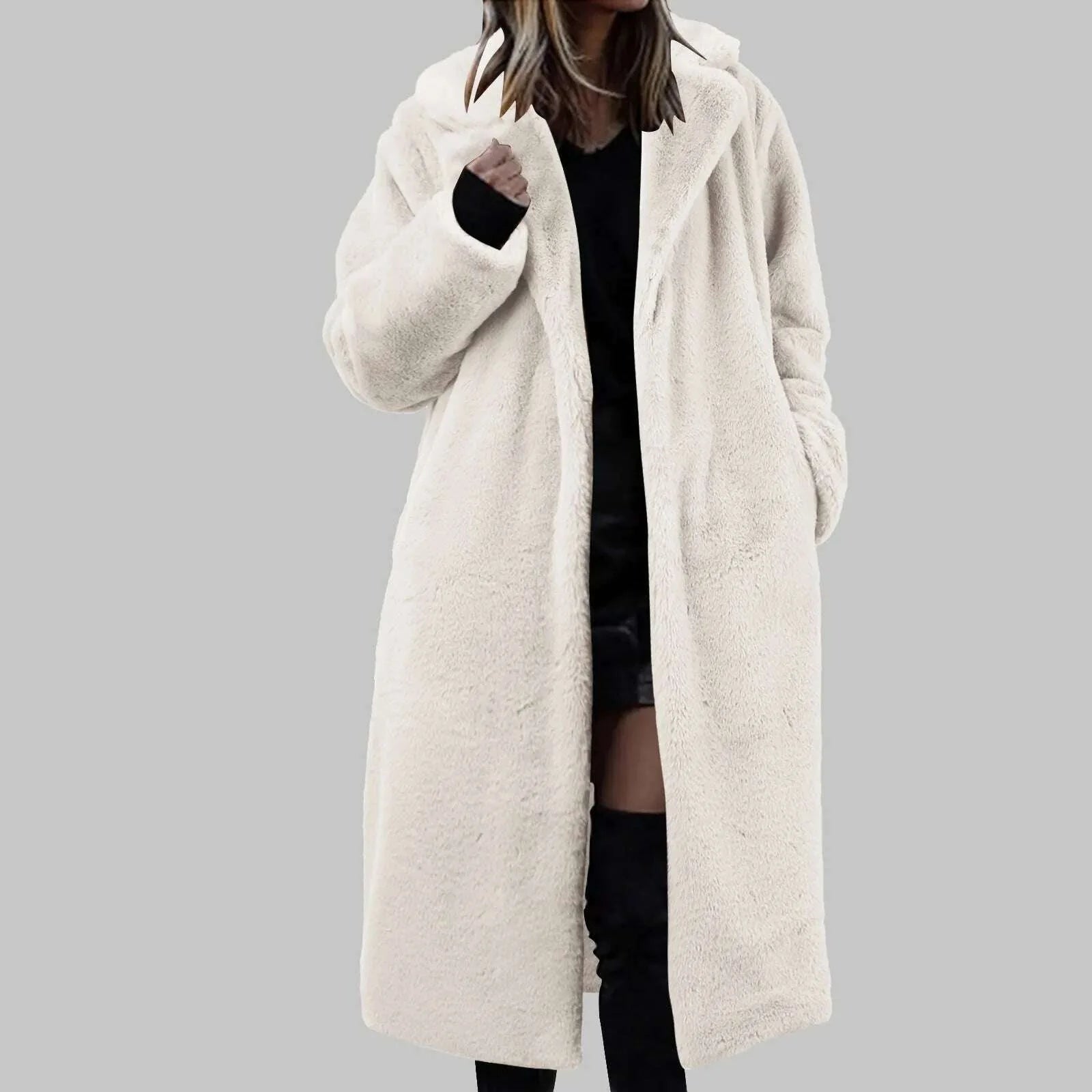 Womens Winter Warm Lapel Faux Fuzzy Coat Jacket Overcoat Mink Fleece Spliced Mid Length Coat Suit plus Raincoat Women