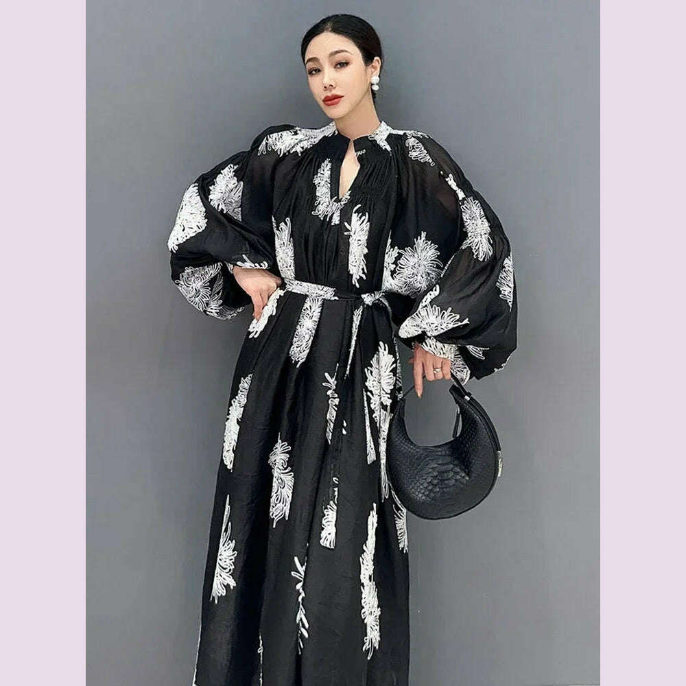 XITAO Loose Print Dress Fashion Temperament Elegant Goddess Fan Women Autumn New Arrival V-neck Appear Thin Dress HQQ1452