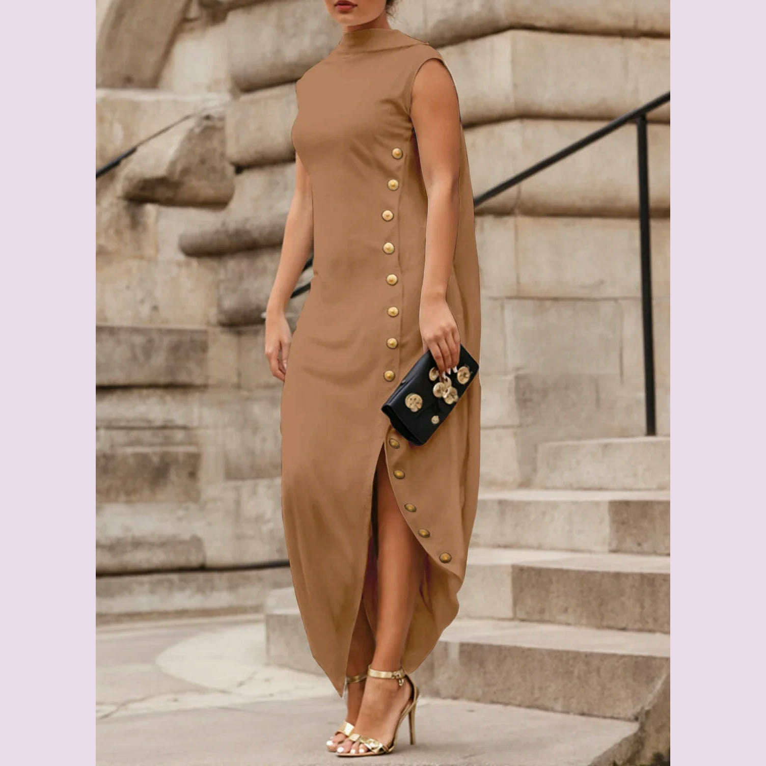 Yeezzi Urban Lady Fashion Shawl Collar Elegant Evening A-line Dress 2025 Summer Sleeveless Split-Side Buttons Vintage Dresses