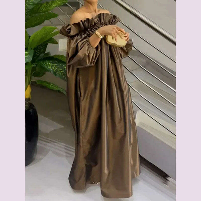 Yeezzi Women Fashion Falbala Elegant Evening Maxi Dresses 2025 New Spring Puff Sleeves Pleated Off-The-Shoulder Party Prom Dress