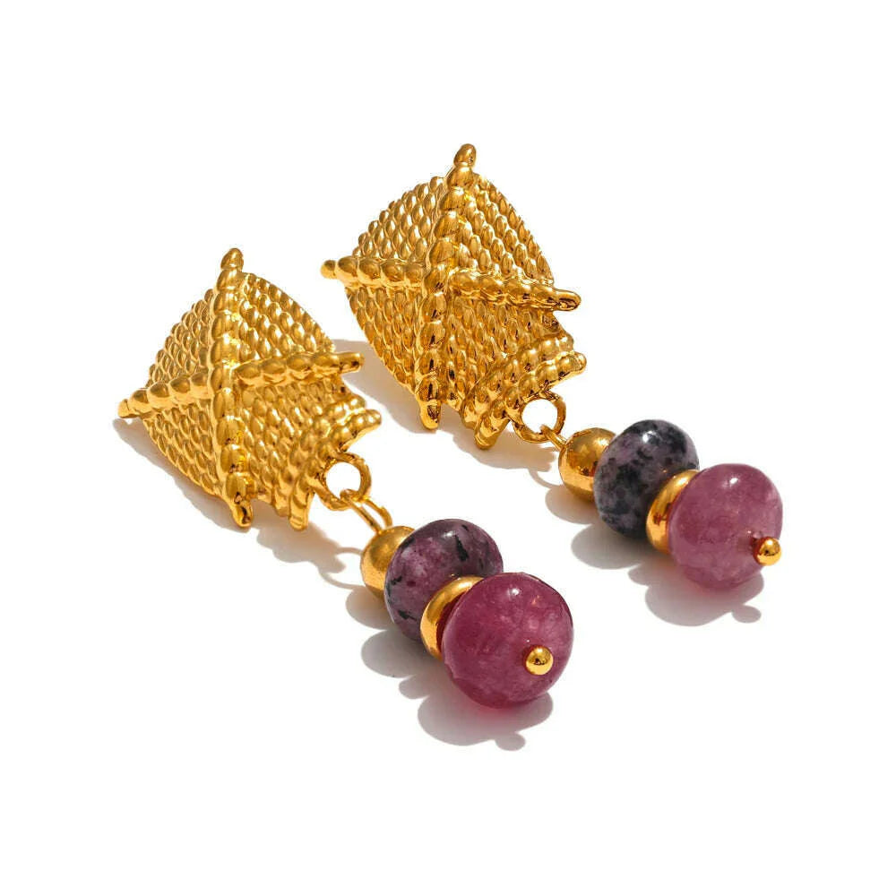Yhpup Stainless Steel Natural Stone Drop Golden Waterproof Handmade France Earrings Jewelry (Each stone color is different)