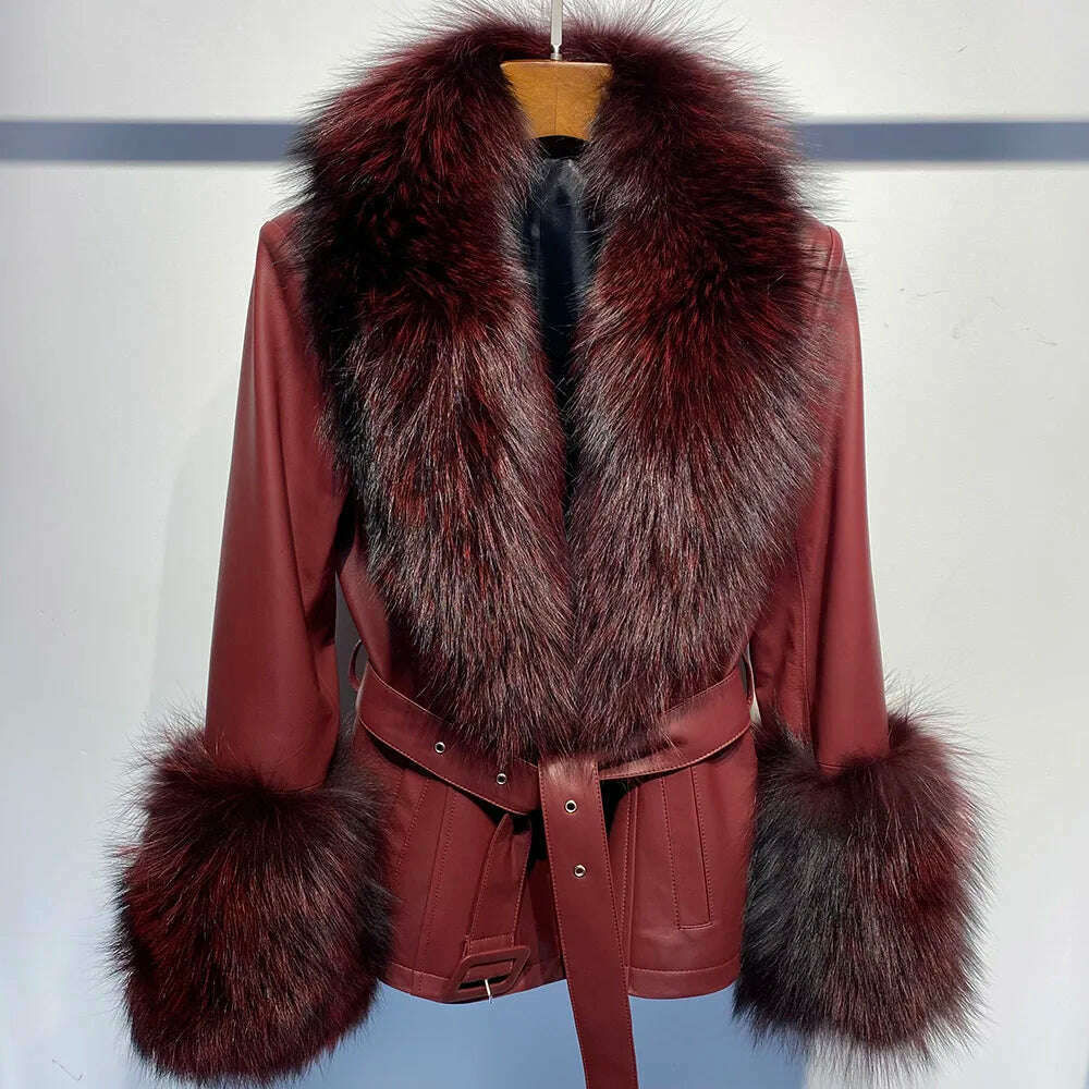 YOLOAgain Women's Real Fox Fur Collar Sheepskin Leather Jacket Coat Autumn 2024