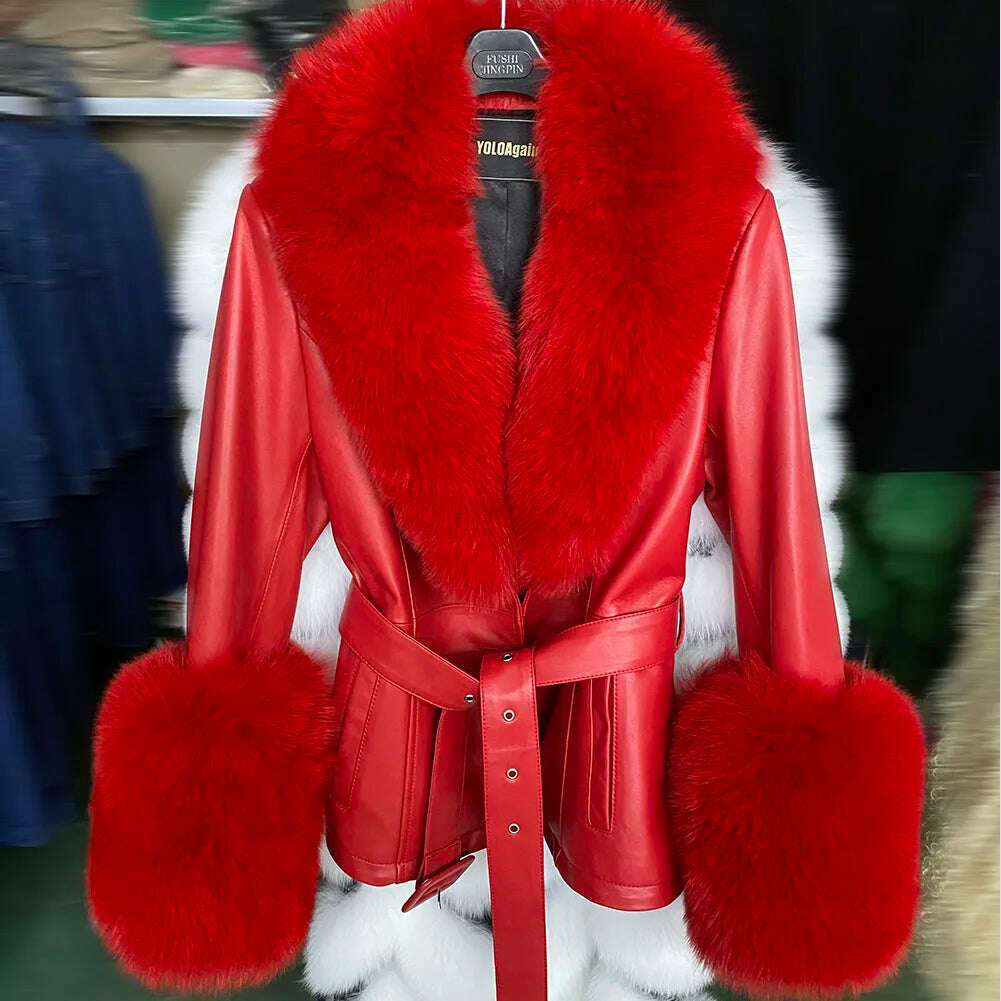 YOLOAgain Women's Real Fox Fur Collar Sheepskin Leather Jacket Coat Autumn 2024
