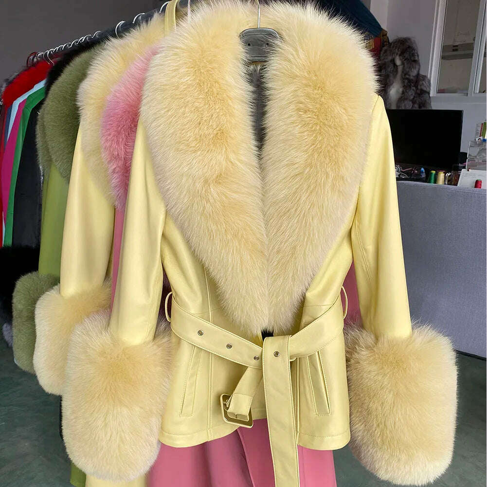 YOLOAgain Women's Real Fox Fur Collar Sheepskin Leather Jacket Coat Autumn 2024