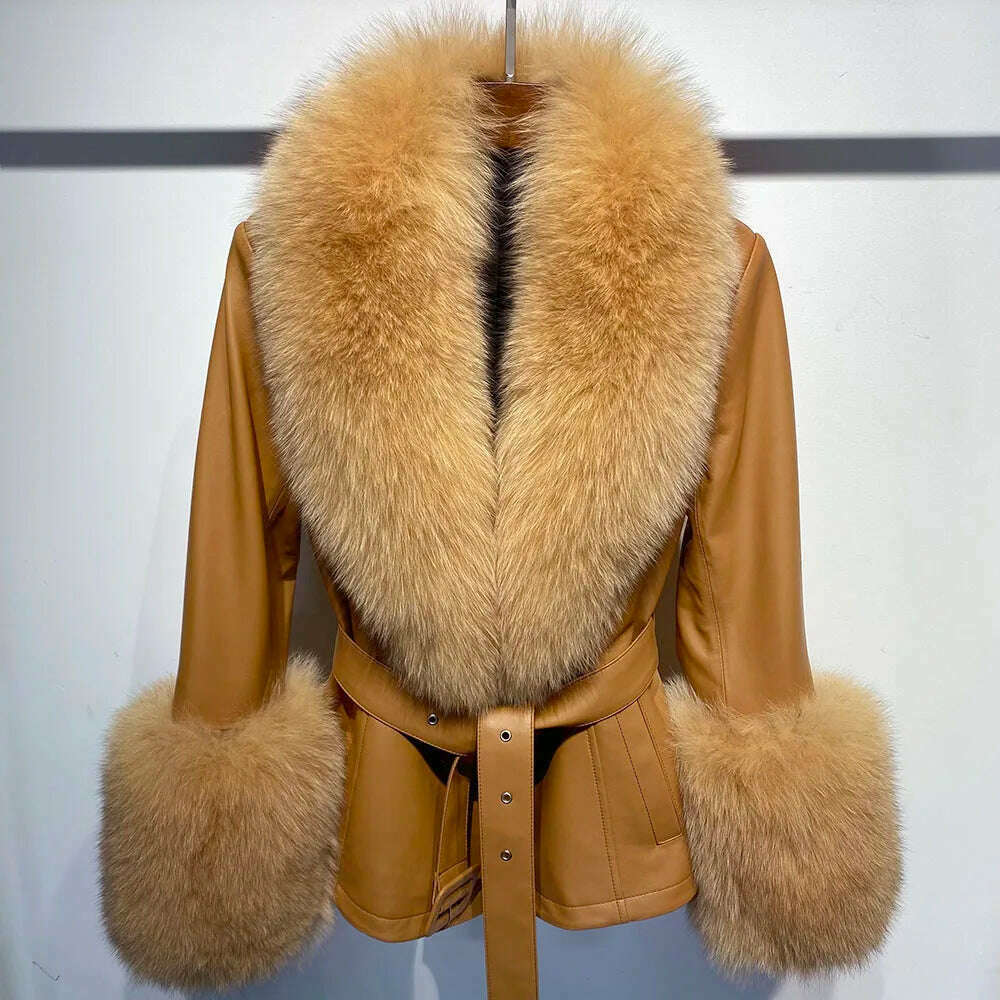YOLOAgain Women's Real Fox Fur Collar Sheepskin Leather Jacket Coat Autumn 2024
