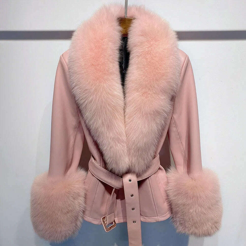 YOLOAgain Women's Real Fox Fur Collar Sheepskin Leather Jacket Coat Autumn 2024
